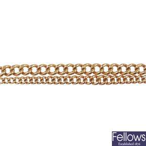 (528388-1-A) An early 20th century 9ct rose gold double Albert chain bracelet.