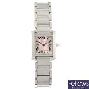 (528649-3-A) A stainless steel quartz Cartier Tank Francaise bracelet watch.