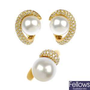 (529137-1-A) Cultured pearl and diamond ear studs and ring.
