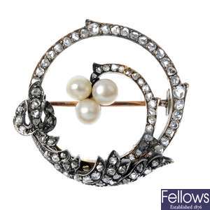 A late 19th century continental diamond and cultured pearl wreath