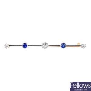 A mid 20th century 15ct gold and platinum sapphire and diamond bar brooch.