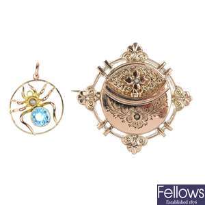 A late 19th century split pearl foliate brooch and a gem-set spider pendant.