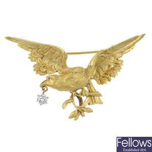 A French 18ct gold diamond eagle brooch.