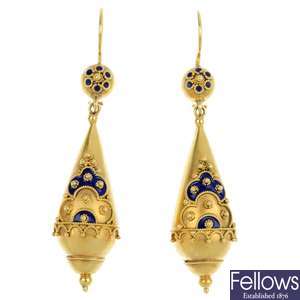A pair of late 19th century 15ct gold ear pendants.
