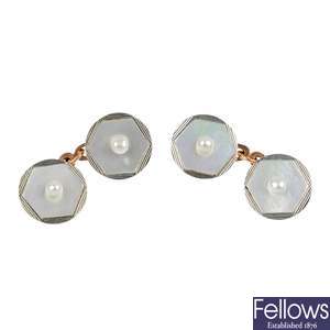 A pair of early 20th century gold seed pearl and mother-of-pearl cufflinks.