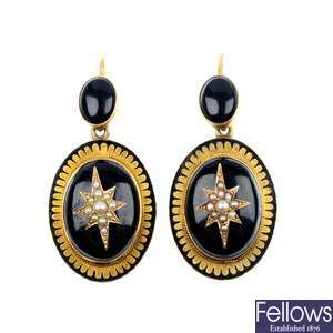 A pair of late 19th century gold onyx and split pearl ear pendants.