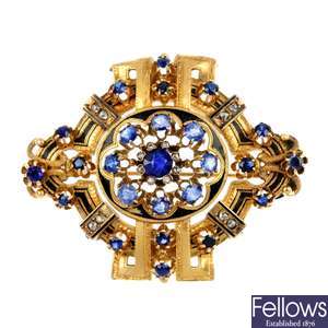 A late 19th century continental gold sapphire and diamond brooch.
