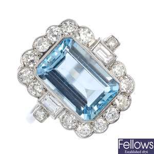 An aquamarine and diamond dress ring. 