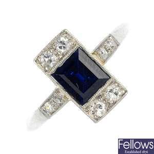A mid 20th century 18ct gold sapphire and diamond ring. 