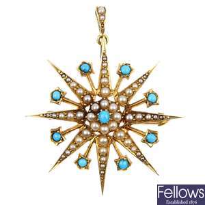 An early 20th century 15ct gold split pearl and turquoise star brooch.
