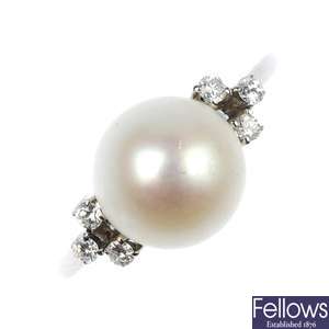 A cultured pearl and diamond ring. 