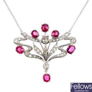 A 9ct gold spinel and diamond pendant.