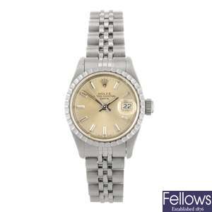 (128933425) A stainless steel automatic lady's Rolex Oyster Perpetual Date bracelet watch.