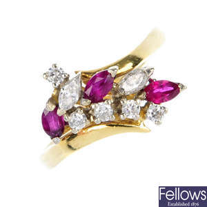 An 18ct gold ruby and diamond floral dress ring.