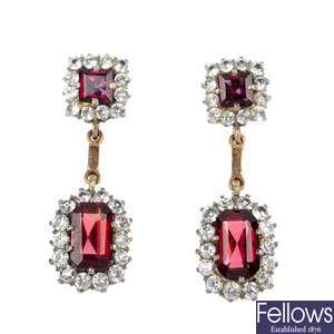 A pair of early 20th century gold and silver garnet and paste ear pendants.