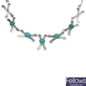 A modernist French silver dyed chalcedony necklace.