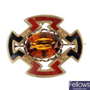 A Scottish late 19th century 9ct gold citrine and agate brooch.