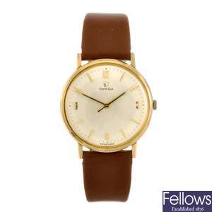 A gold plated manual wind gentleman's Omega wrist watch.