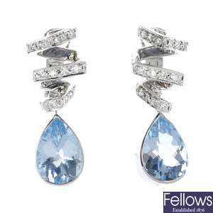 A pair of aquamarine and diamond ear clips.