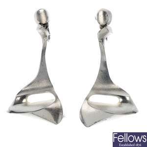 BJORN WECKSTROM (attributed to) - a pair of 1970's silver ear pendants.