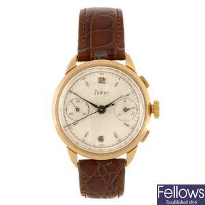 An 18k gold manual wind gentleman's Zodiac chronograph wrist watch.