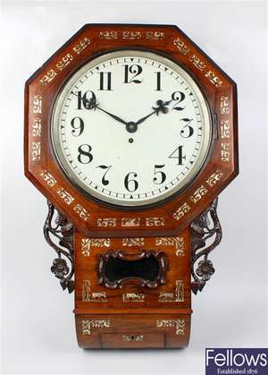 A Victorian inlaid rosewood drop dial wall clock