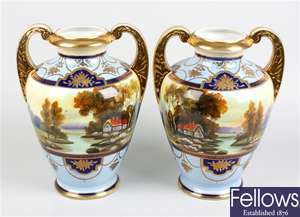 A large pair of Noritake vases, river and cottage scenes