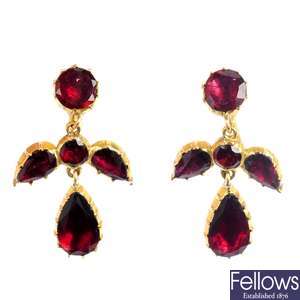 A selection of late 19th century 9ct gold garnet jewellery. 