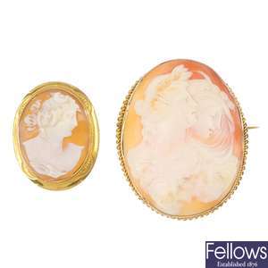 Two late 19th century 9ct gold shell cameos.