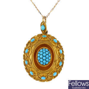 A Victorian 15ct gold turquoise pendant, circa 1860.
