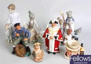 Two Doulton figures, two Doulton jugs and three Lladro figures