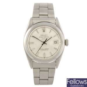A stainless steel automatic gentleman's Rolex Oyster Perpetual Date bracelet watch.