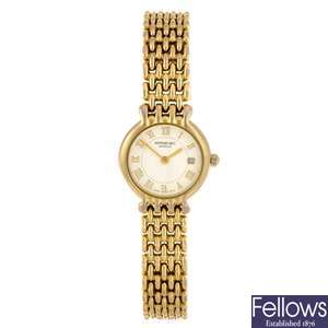 A gold plated quartz lady's Raymond Weil Chorus bracelet watch.