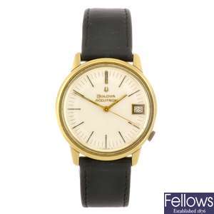 A gold plated electronic gentleman's Bulova Accutron wrist watch.