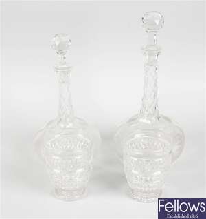 Two fern-etched gut glass decanters