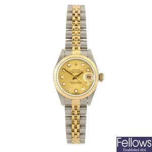(116189378) A bi-metal automatic lady's Rolex Oyster Perpetual Datejust bracelet watch.