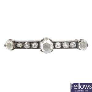 A late 19th century continental silver and gold diamond bar brooch.