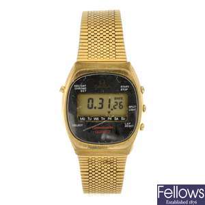 A gold plated quartz digital gentleman's Omega Seamaster bracelet watch.