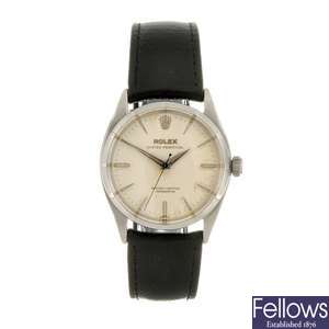 A stainless steel automatic gentleman's Rolex Oyster-Perpetual wrist watch.