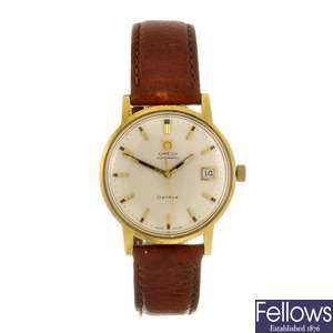 A gold plated automatic gentleman's Omega Geneve wrist watch.