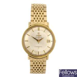A gold plated automatic gentleman's Omega Constellation bracelet watch.