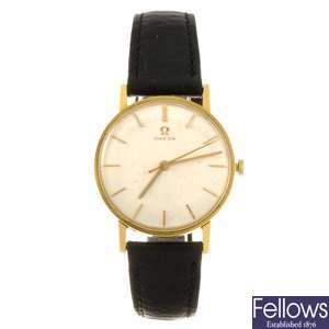 A 9k gold manual wind gentleman's Omega wrist watch.