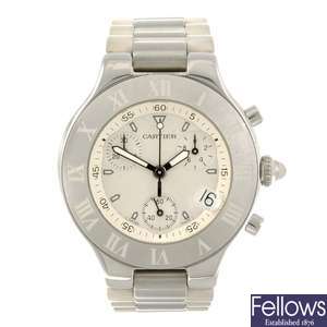 A stainless steel quartz chronograph Cartier Chronoscaph 21 wrist watch.