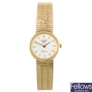 (0048869) A 9k gold quartz lady's Longines Presence bracelet watch.