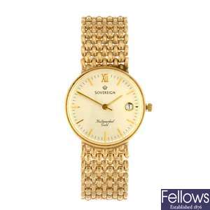 (811006179) A 9k gold quartz gentleman's Sovereign bracelet watch.