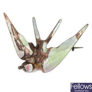 MEYLE & MAYER - an enamel and seed pearl swallow brooch.