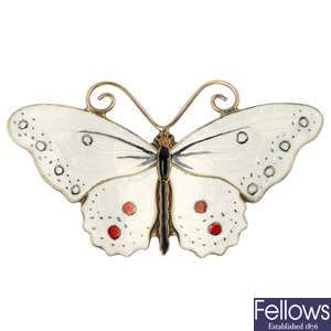 OPRO - a Norwegian silver enamel butterfly brooch and another enamel butterfly brooch.