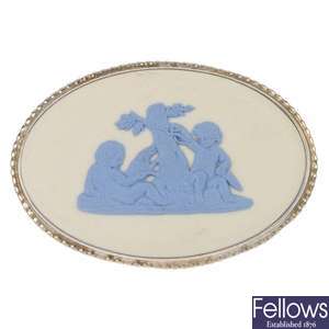 A selection of Wedgwood jasperwaer cameo jewellery and Delft brooches.