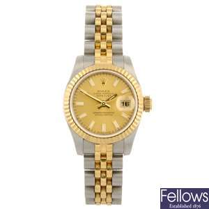 (702071713) A bi-metal automatic lady's Rolex Datejust bracelet watch.