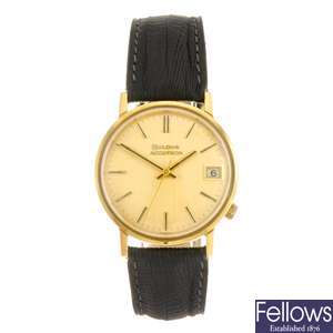 An 18k gold electronic genleman's Bulova Accutron bracelet watch.